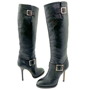 JIMMY CHOO | Galen Black Leather Moto Biker Tall Knee High Stiletto Boots US 7.5